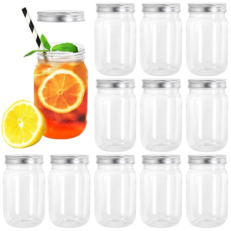 Tebery 12 Pack Clear Plastic Mason Jars with One Piece Lids, 16OZ Mason Cocktail Cup Shatterproof Drinking Jar, Refillable Empty Slime Storage Containers for Overnight Oats, Honey, Spices and Herbs - Image 1